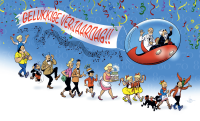 Een feestelijke stoet viert de verjaardagen van Suske, Wiske en Jommeke, met confetti, muziek en de vliegende bol.