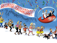 Een feestelijke stoet viert de verjaardagen van Suske, Wiske en Jommeke, met confetti, muziek en de vliegende bol.